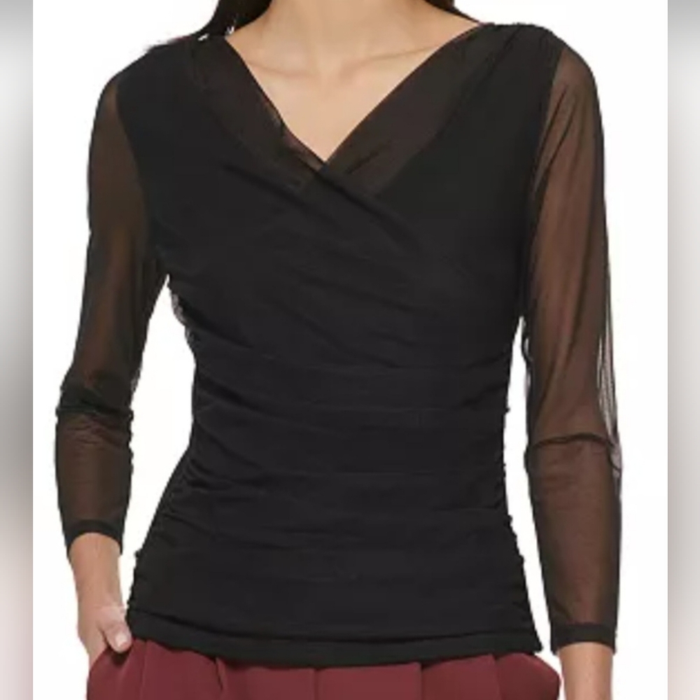 DKNY Mesh Long Sleeve Faux Wrap Top Size Small